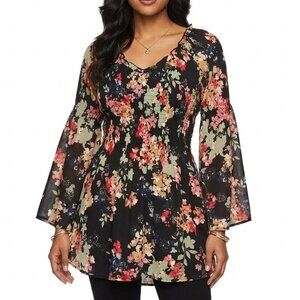 Spense Black Floral Pleated Boho Blouse Smocked Bell Sleeve V-Neck Tunic Top L